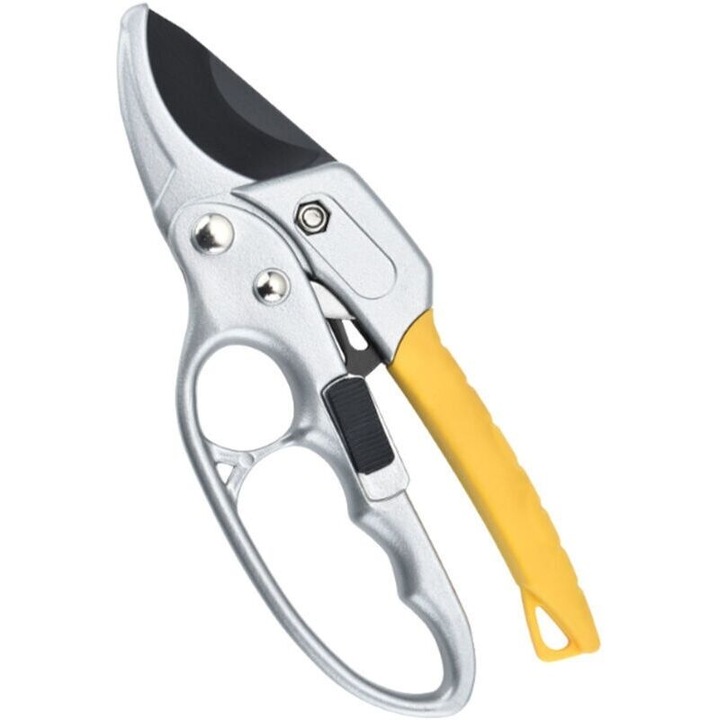 Kerti metszőolló, SK-5 acél, racsnis mechanizmus, ergonomikus fogantyúk, fekete
