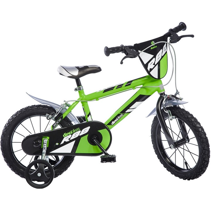 Детски велосипед Dino Bikes R88 с помощни колела, 14 инча, стоманена рамка, до 115 см, зелен