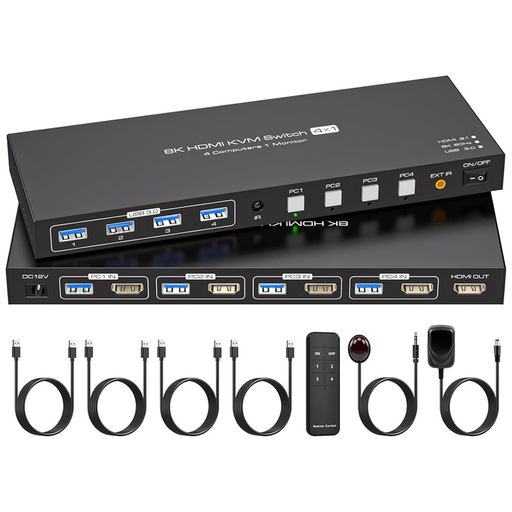 KVM VPFET HDMI 2.1 4K144Hz / 8K60Hz kapcsoló, 4 PC 1 monitorhoz, 4 az 1-ben kapcsoló 4x USB 3.0 porttal billentyűzet, egér és nyomtató megosztásához, EDID technológia a felbontás megtartásához váltáskor, vezérlés gombokkal és IR távirányítóval