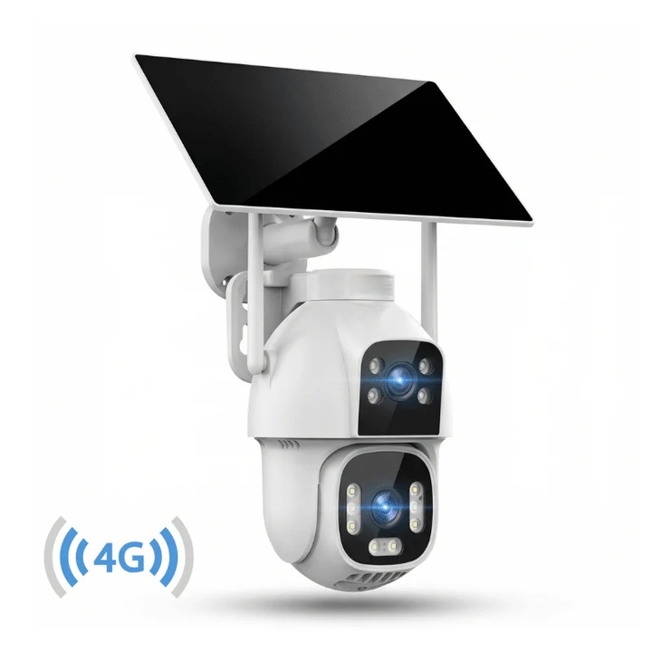 Camera Supraveghere cu Panou Solar, Conexiune 4G/eSIM, Rezolutie 8MP, AOV, Full Color Noaptea, 2 lentile, App HiEasy