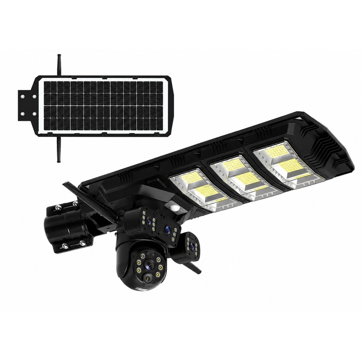 Lampa Stradala Solara LED cu Camera de Supraveghere 4G PTZ, Panou Solar Inclus, Senzor PIR, Audio Bidirectional, Vedere Nocturna, V380 Pro