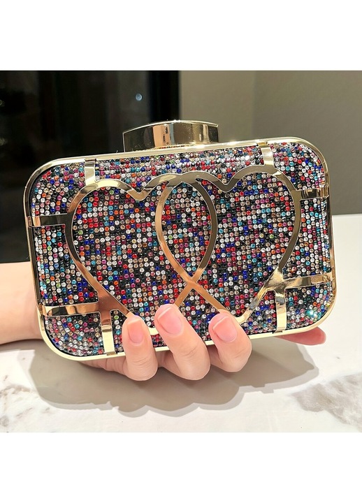 Elegáns női borítéktáska, gyémánt részletekkel, fekete, 20x10x5cm
