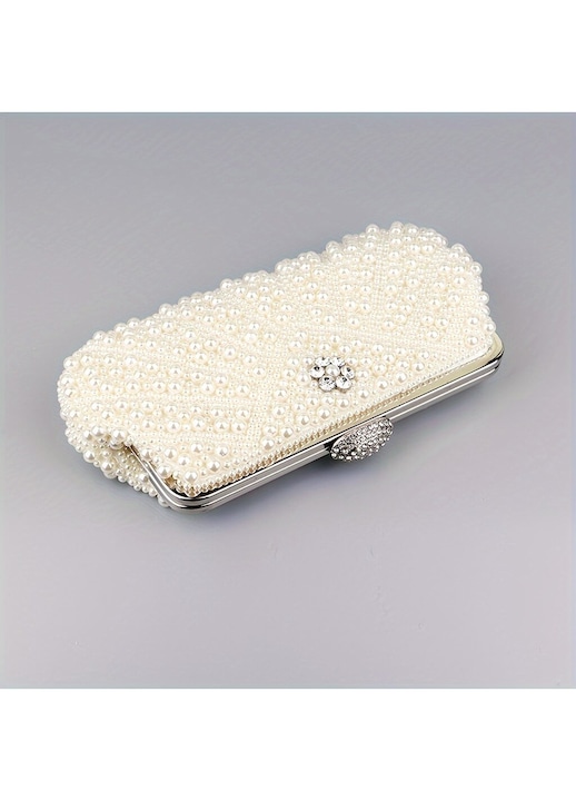 Geanta de seara bej cu perle false, eleganta, 20x15x5cm