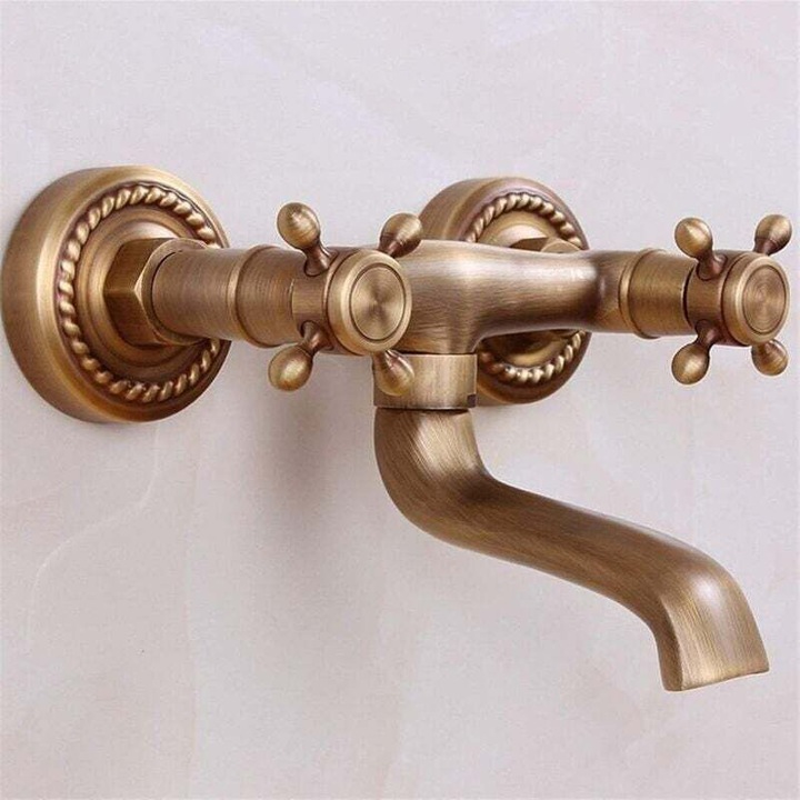 Fali fürdőcsap, dupla fogantyús, antikolt sárgaréz, 16cm