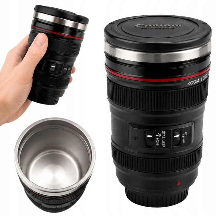 Cana termos inox in forma de obiectiv foto 400 ml, cana termoizolanta pentru cafea si ceai, termos voiaj cu capac etans, pahar termic camera lens pentru birou, masina si calatorii, negru