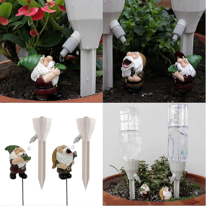 Set irigare automata plante, 2 picuratoare, 2 suporturi gnom, rasina, plastic, 17.5x5cm