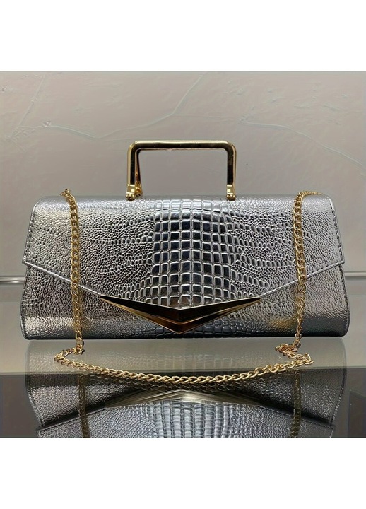 Női clutch táska, krokodil mintás, ezüst, kompakt