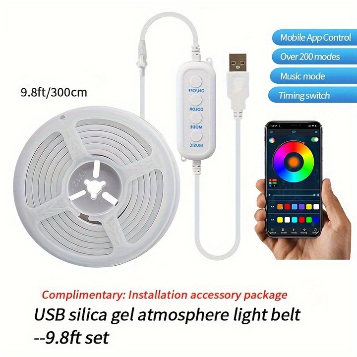 Banda LED Neon RGB-IC flexibila cu muzica, 298.7cm, multicolor, USB