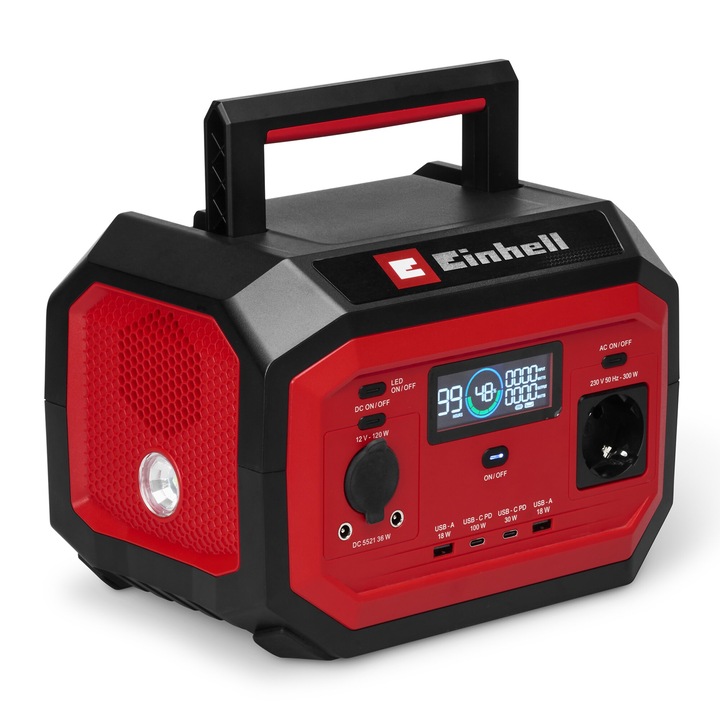 Statie de energie mobila pentru incarcarea diverselor dispozitive, acumulator 15 Ah, 300 W, iesire 220 V, 12 V, USB-A si USB-C-PD