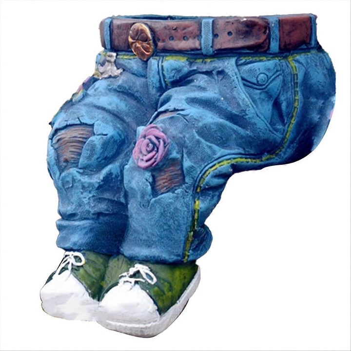 Декоративна саксия от смола момче с дънки и маратонки, бяла, 15x10x12см