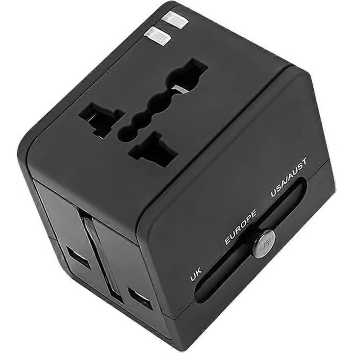 Универсален адаптер за контакт, 2 USB, компактен, многоцветен, 6.1x4.5x5.7см