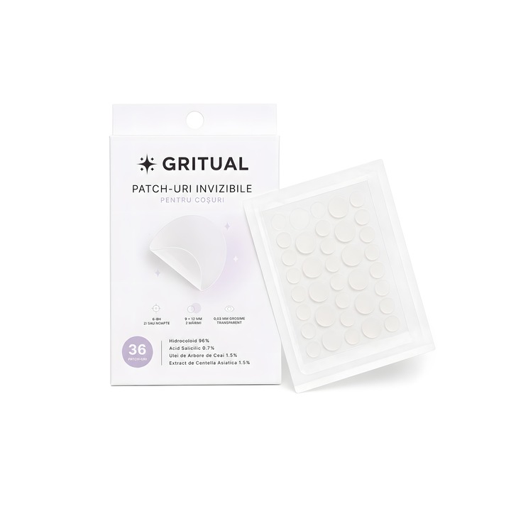 Plasturi pentru Cosuri GRITUAL Invizibili, 36 buc, Hidrocoloid cu Acid Salicilic, Ulei Arbore de Ceai si Centella, 2 Marimi