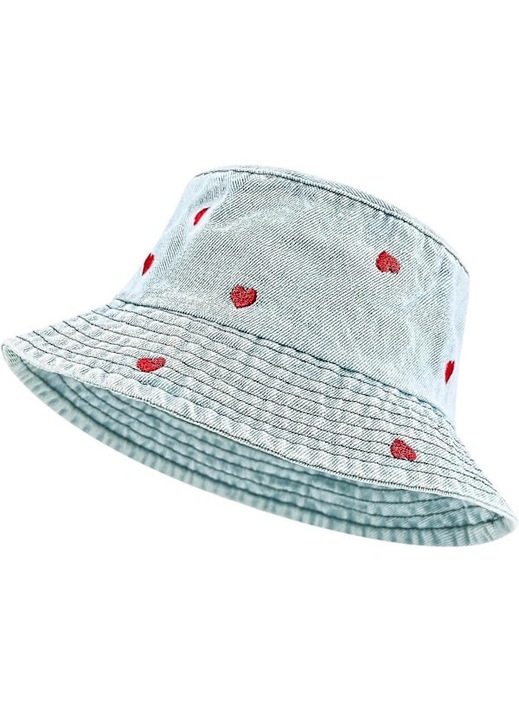 Palarie bucket denim, inima brodata, albastru deschis, reglabila