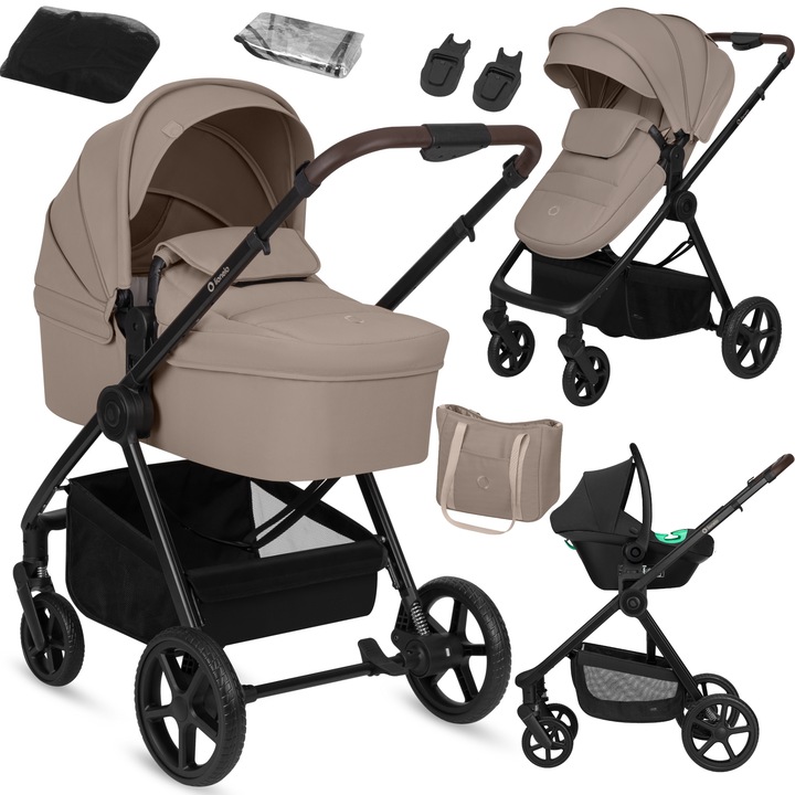 Carucior 3 in 1, Lionelo, GREET, Pliabil, Cadru din aluminiu, Cu landou si saltea moale, Cu scaun auto, Cu multe accesorii, Capacitate de incarcare 15 kg, 0 luni+, EN1466:2014+AC:2015, EN1888, Maner, suport pentru picioare, spatar reglabile, Bej