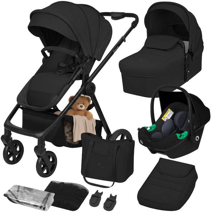 Carucior 3 in 1, Lionelo, GREET, Pliabil, Cadru din aluminiu, Cu landou si saltea moale, Cu scaun auto, Cu multe accesorii, Capacitate de incarcare 15 kg, 0 luni+, EN1466:2014+AC:2015, EN1888, Maner, suport pentru picioare, spatar reglabile, Negru