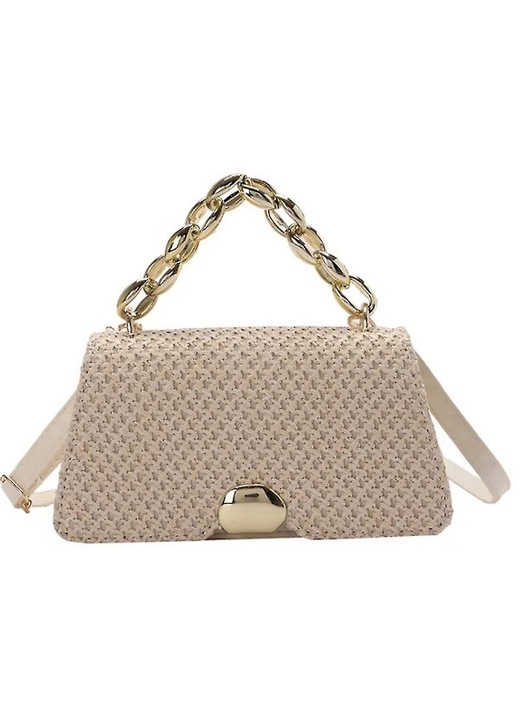 Női táska, szalma és PU bőr, nagy kapacitású, khaki, 24x13cm