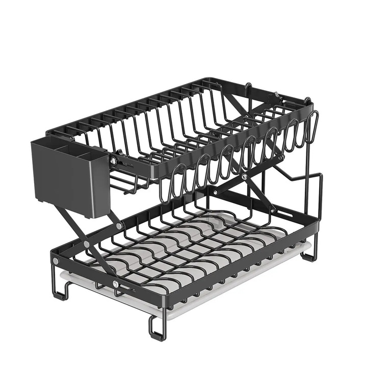 Suport vase peste chiuveta, etajera 2 niveluri pliabila, Metal + ABS, pahar pentru tacamuri & suport tocator, utilizari multiple, negru
