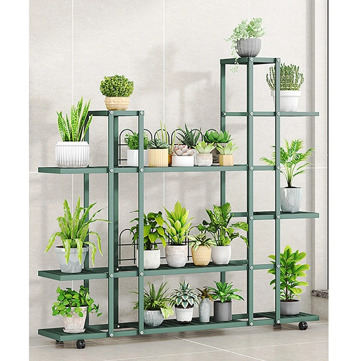 Suport plante, H9037 Etajera pentru flori, Interior/Exterior, Cu roti, Design de colt, Pe mai multe niveluri, Metal, Asamblare necesara, Verde