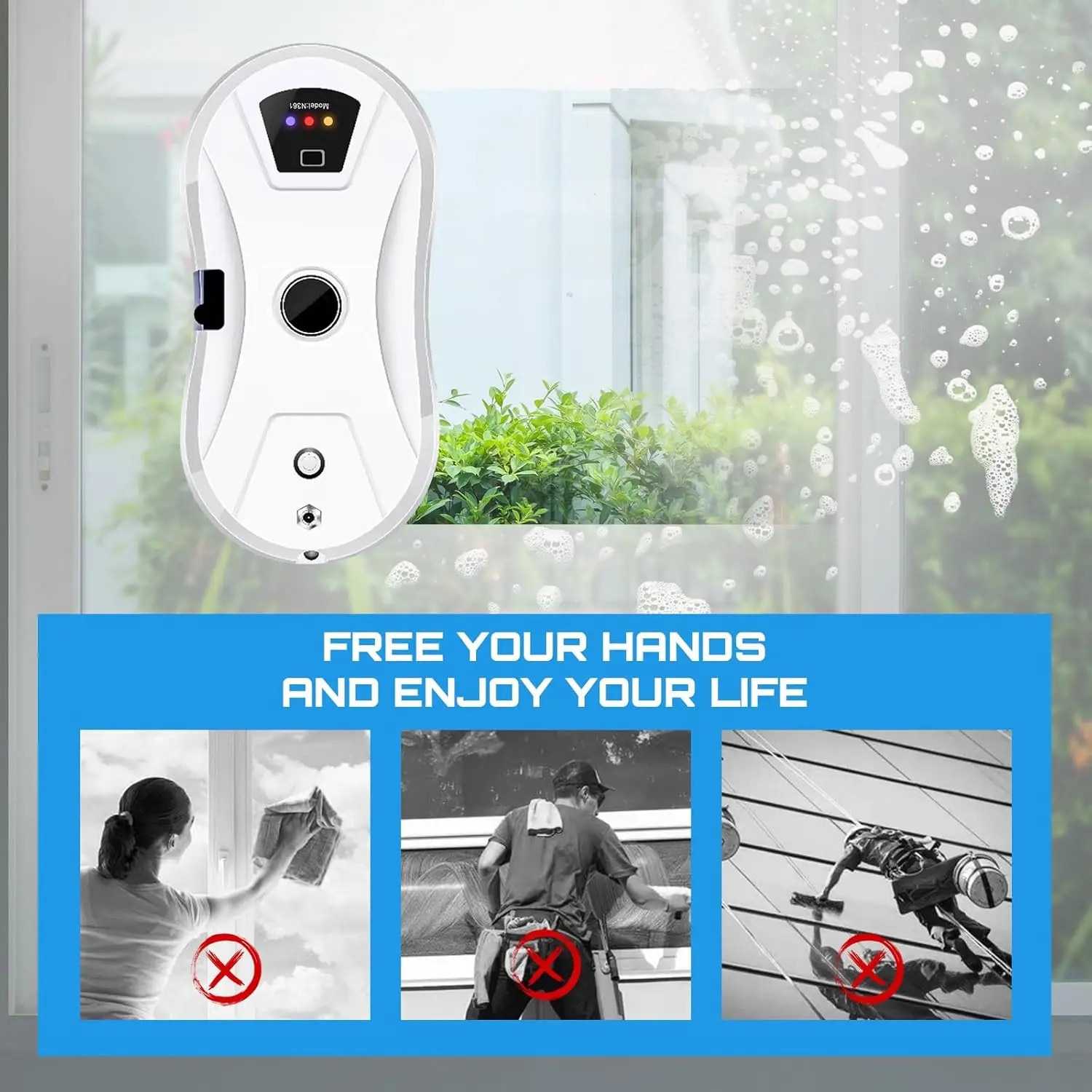 Robot curatare geamuri, Robot pentru spalat ferestre, 5600 Pa Aspiratie Puternica, Pulverizare automata cu apa, Navigare inteligenta, 220 V, Multicolor