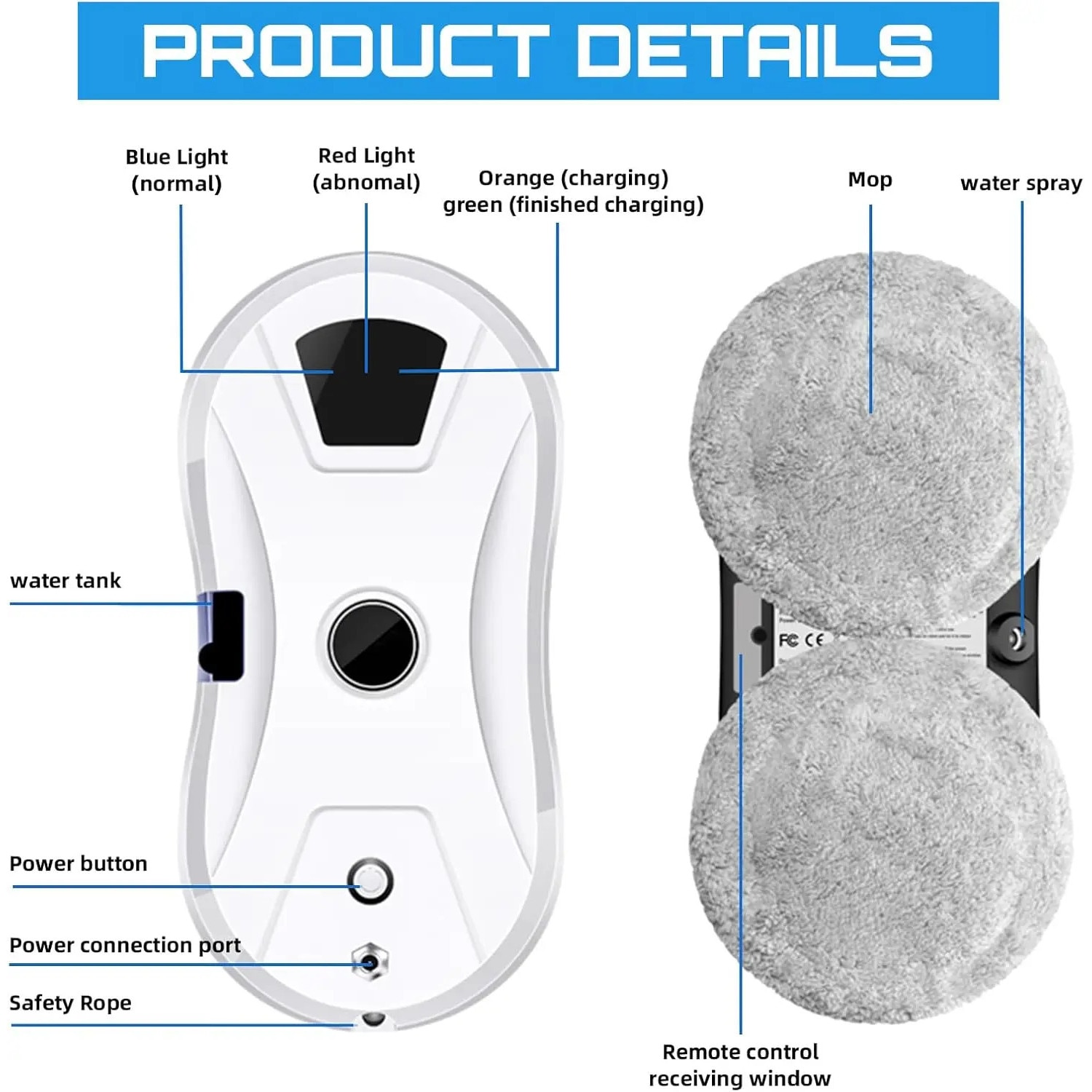 Robot curatare geamuri, Robot pentru spalat ferestre, 5600 Pa Aspiratie Puternica, Pulverizare automata cu apa, Navigare inteligenta, 220 V, Multicolor