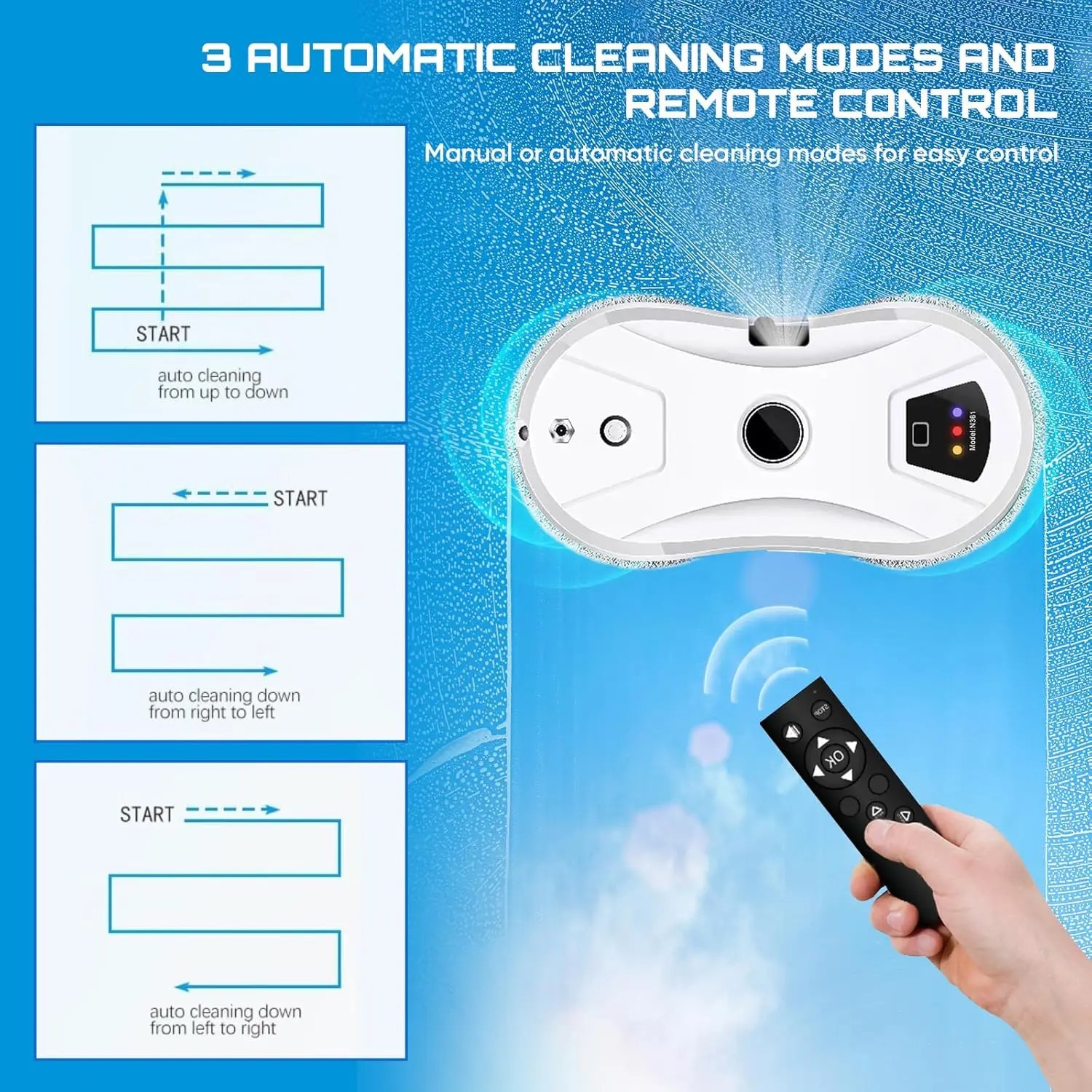 Robot curatare geamuri, Robot pentru spalat ferestre, 5600 Pa Aspiratie Puternica, Pulverizare automata cu apa, Navigare inteligenta, 220 V, Multicolor