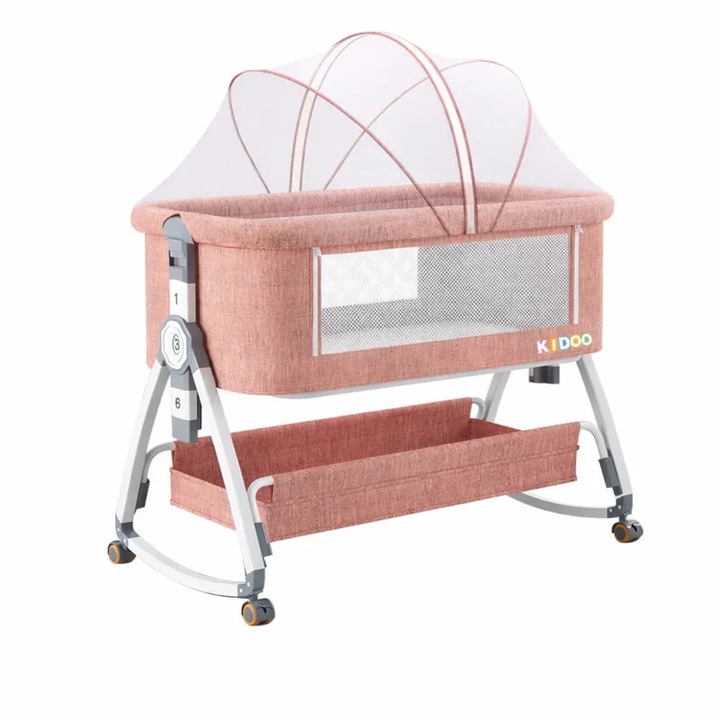 Pat portabil pentru bebelusi KIDOO ® 3 in 1 cu saltea confortabila, inaltime reglabila, roti si pliere usoara – ideal pentru nou-nascuti, roz