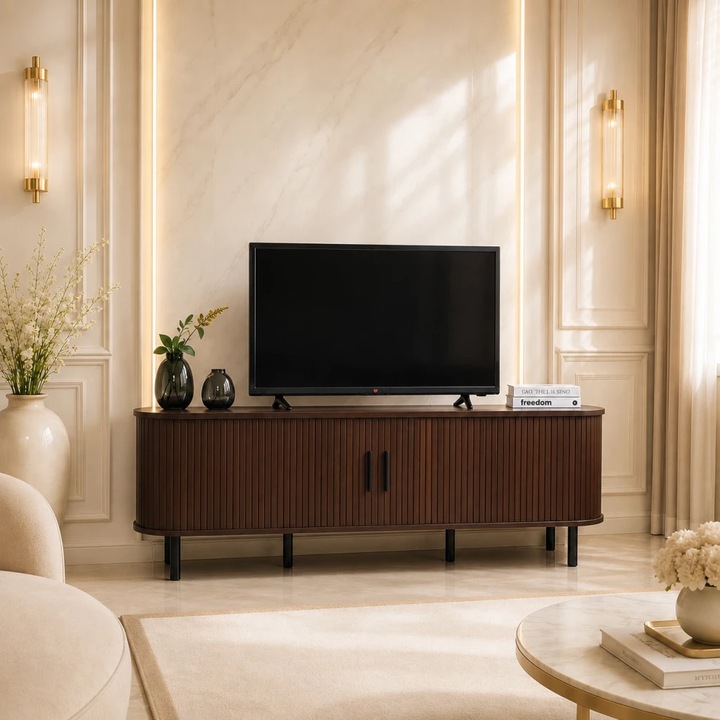 Comoda TV, MOBATELIER®, 160 x 40 x 55 Cm, Comoda TV Cu Riflaje Si Usi Glisante, Comoda TV Moderna Pentru Living, Compartimente Deschise, Margini Curbate, Detalii Verticale, Manere Metalice Negre, Picioare Metalice Negre, PAL Ecologic, Nuc
