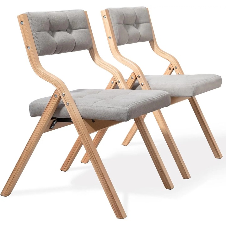 Scaun pliant, Scaun de dining, Set de 2, Picioare din lemn masiv, Sezut textil tapitat, Pliabil, economiseste spatiu, 48×61×77 cm, Gri