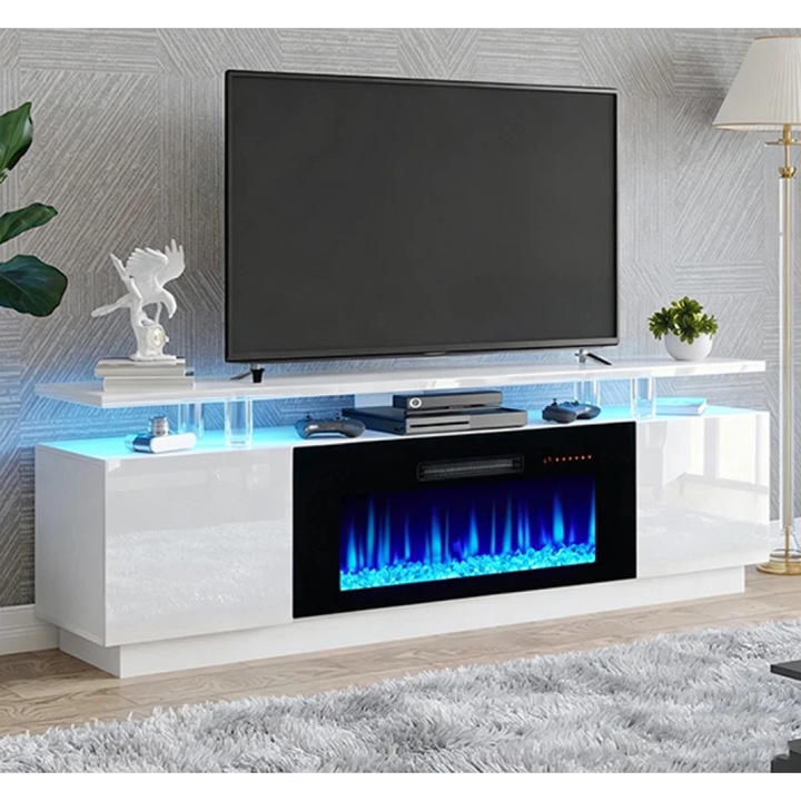 Semineu Electric, MOBATELIER®, 178 × 35 × 59 cm, Comoda TV Cu Semineu Electric, Semineu Electric LED Integrat 36 Inch, Incalzire 750W/1500W, Compatibila TV Pana La 80 Inch, LED RGB 20 Culori Si 22 Efecte, Flacara 12 Culori, Timer 8 Ore, Telecomanda, Alb