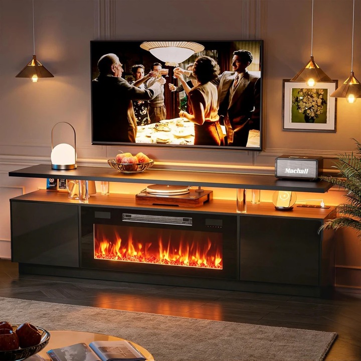 Semineu Electric, MOBATELIER®, 178 × 35 × 59 cm, Comoda TV Cu Semineu Electric, Semineu Electric LED Integrat 36 Inch, Incalzire 750W/1500W, Compatibila TV Pana La 80 Inch, LED RGB 20 Culori Si 22 Efecte, Flacara 12 Culori, Timer 8 Ore, Telecomanda, Negru