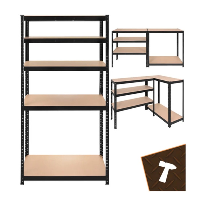 Raft Metalic Pentru Depozitare Cu 5 Polite, Negru/MDF, 180x90x40cm, Capacitate 1000kg