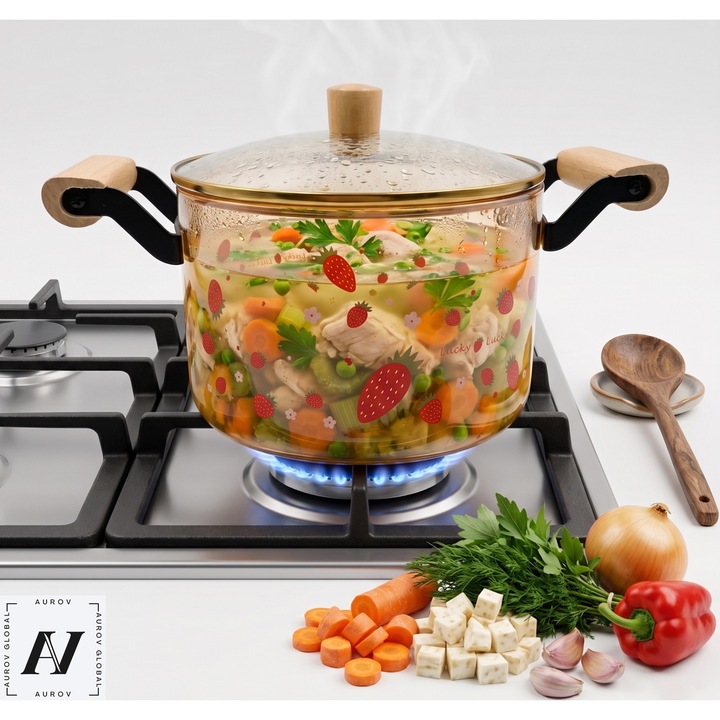 Aurov® Boroszilikát Üveg Edény, Hőálló, Fa Fedővel és Fogantyúval, Eper Design, Elektromos Főzőlapra vagy Gáztűzhelyre, Főzéshez és Tálaláshoz, 4.5 Liter, Átlátszó/Sárga