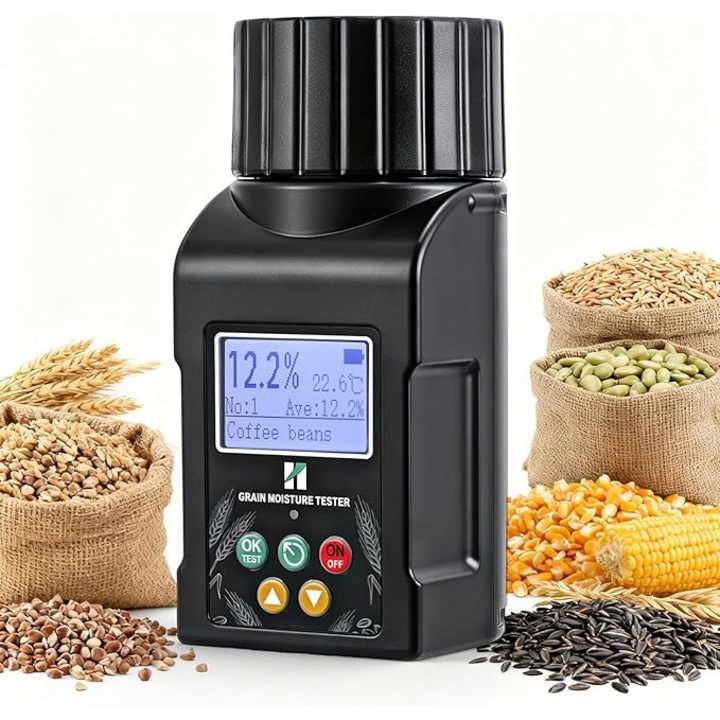 Aparat Huanyu pentru masurarea umiditatii cerealelor, compatibil cu 40 de tipuri de produse, umidometru portabil cu compensare de temperatura si stocare date, pentru grau, boabe de cafea verde, boabe de cacao si altele