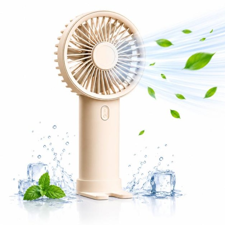 Hordozható Kézi Ventilátor, USB Type-C Újratölthető, 3 Sebesség, Asztali Talp, Kompakt, Bézs