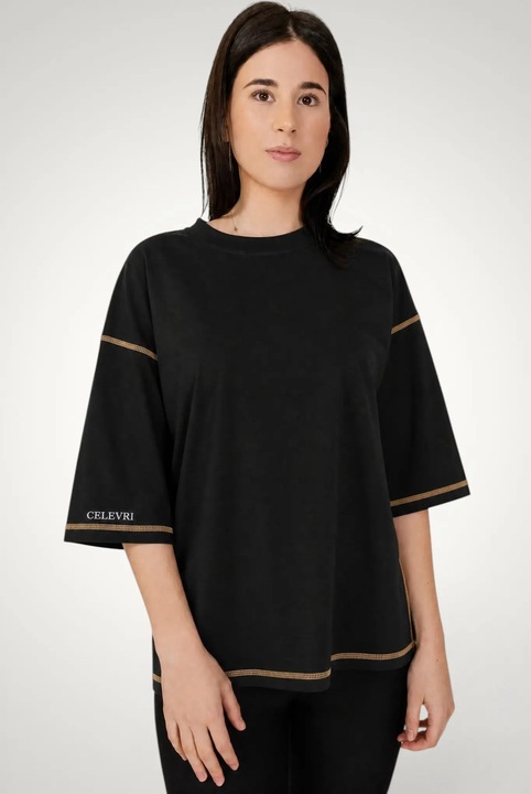 Tricou dama, oversize, cusaturi decorative, bumbac premium, Negru, Marimea XS