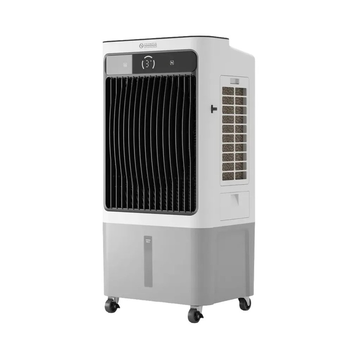 Racitor de aer Olimpia Splendid, Peler Tower 40, 1800 m³/h, viteza 7 m/s, suprafata acoperita 14.4 metri, sistem de racire prin evaporare, capacitate rezervor 40 litri, mod evaporare cu apa/mod ventilatie fara apa, 3 trepte de viteza, alb