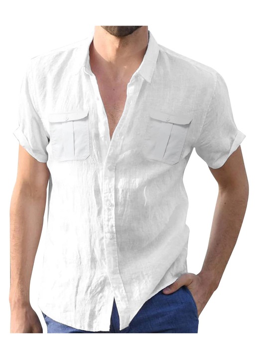 Camasa barbati din in cu maneca scurta, casual beach, cu nasturi, marime S, culoare alb