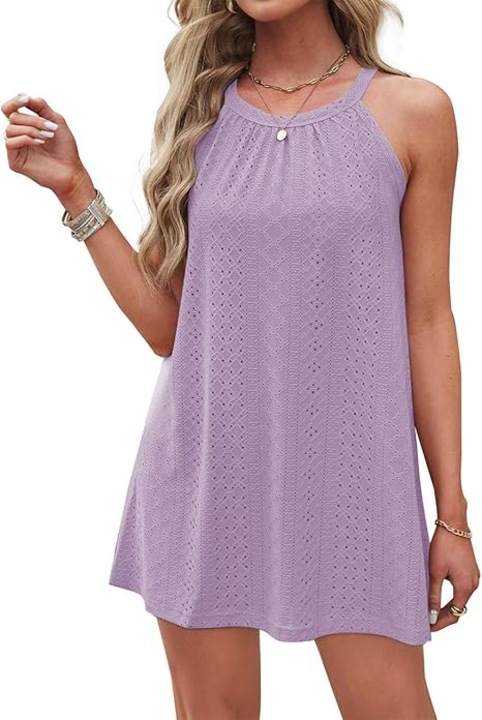 Rochie plajă dama DUOEASE halter neck A-line buline mov 90% poliester, mărime L INTL