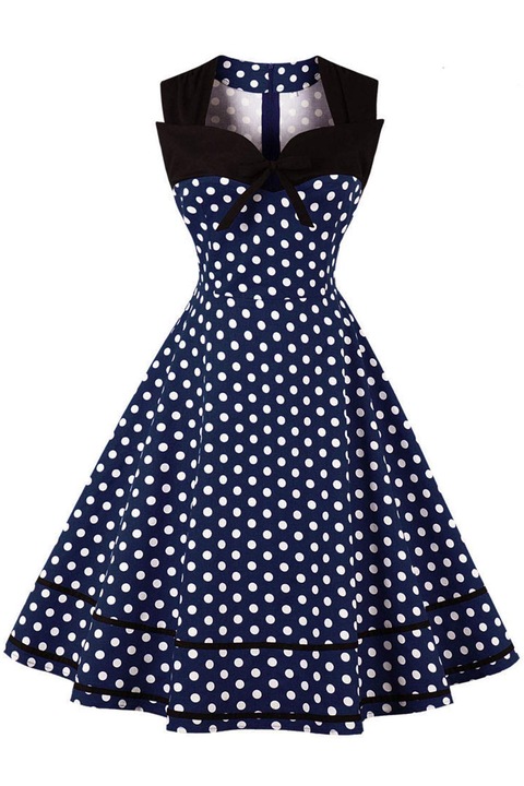 Rochie dama AXOE stil rockabilly anii 60, fara maneci, model cu buline, marime XXL 44, culoare albastru navy