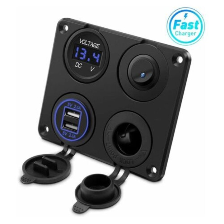 Priza bricheta, porturi USB duble de 4, 2 A, priza de 12 V CC, comutator si afisaj voltmetru LED. Priza de alimentare incarcator auto impermeabila pentru masini de 12 V/24 V, barci si aplicatii marine, motociclete, camioane si SUV-uri
