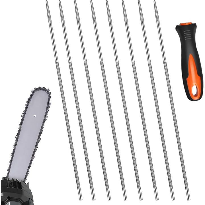 8 darabos kerek reszelő készlet láncfűrészhez, 4,0 mm-es élezőreszelők, edzett acél nyéllel ellátott láncreszelő, kerek reszelők a DIY láncfűrész precíziós élezéséhez és polírozásához