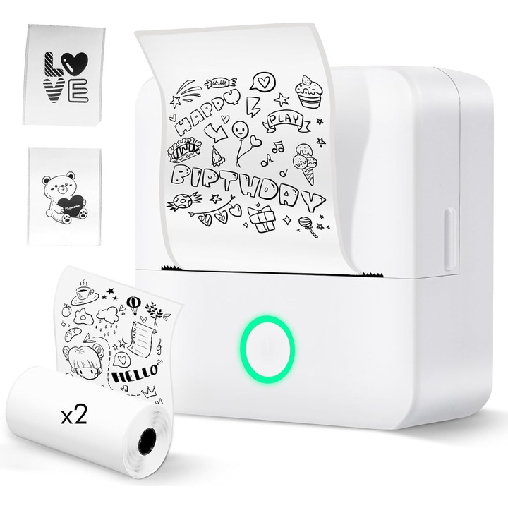 Принтер за самозалепващи етикети, монохромен Bluetooth термопринтер, мини принтер за етикети с пакет от 2 самозалепващи етикета, подходящ за училищна и професионална среда