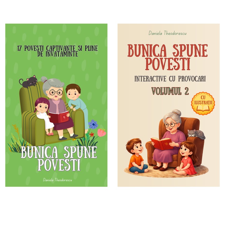 Pachet 2 carti pentru copii Bunica spune povesti, Volumele 1 si 2, 42 de povesti, semn de carte inclus, varsta 3-12 ani