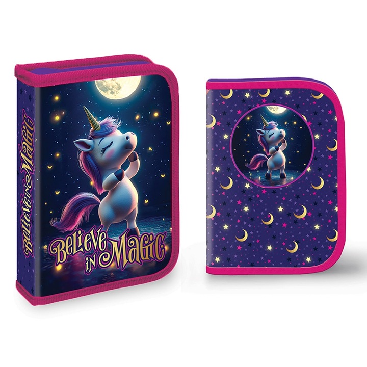 Penar scolar echipat pentru fete, S-Cool, model Believe in Magic Unicorn, 1 fermoar cu 2 extensii, 32 piese, Violet