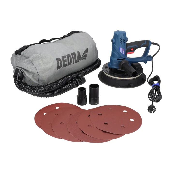 Dedra fal- és mennyezetcsiszoló gipszhez, gletteléshez, porgyűjtő zsák, 850W, 225mm tárcsa, LED világítás, változtatható sebesség