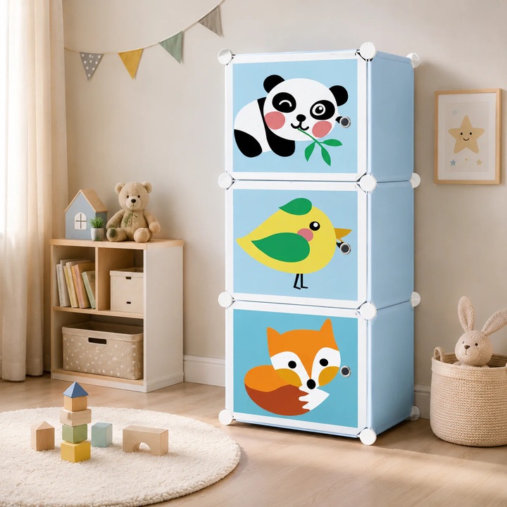 Dulap modular pentru copii, cu 3 compartimente, design animale, panda, pasare, vulpe, organizator jucarii si haine, multicolor