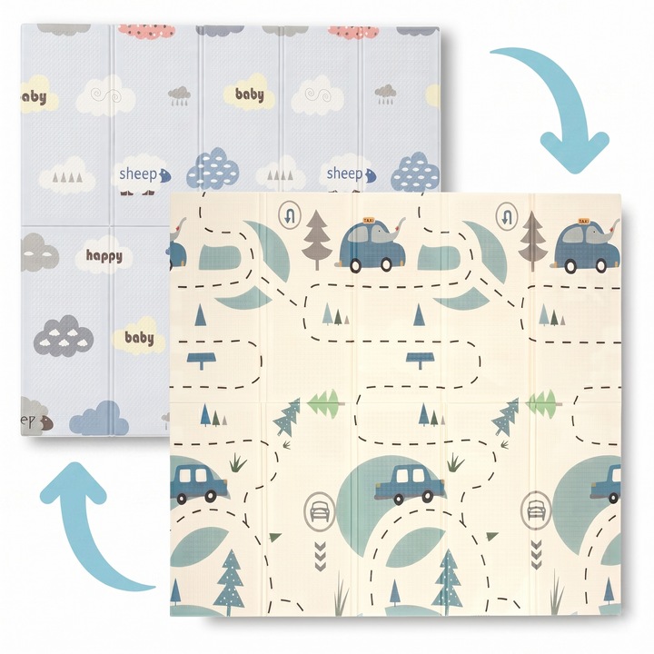 Covoras de joaca, Bocioland, Forest Road, Pliabil, Protectie impotriva loviturilor, Dimensiune mare, 180 x 150 cm, Cu Imprimeu pe ambele parti, Potrivit pentru utlizare atat in interior, cat si in exterior