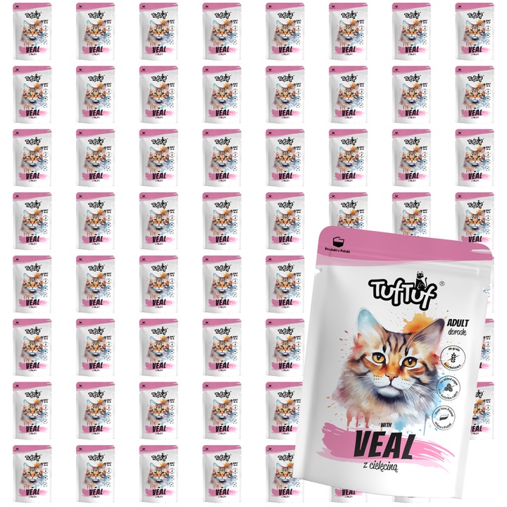 Храна за котки, TufTuf, 60 x 100g, пауч с нарязано телешко месо, премиум храна, лесносмилаема, мега икономична опаковка, вкусно ежедневно хранене