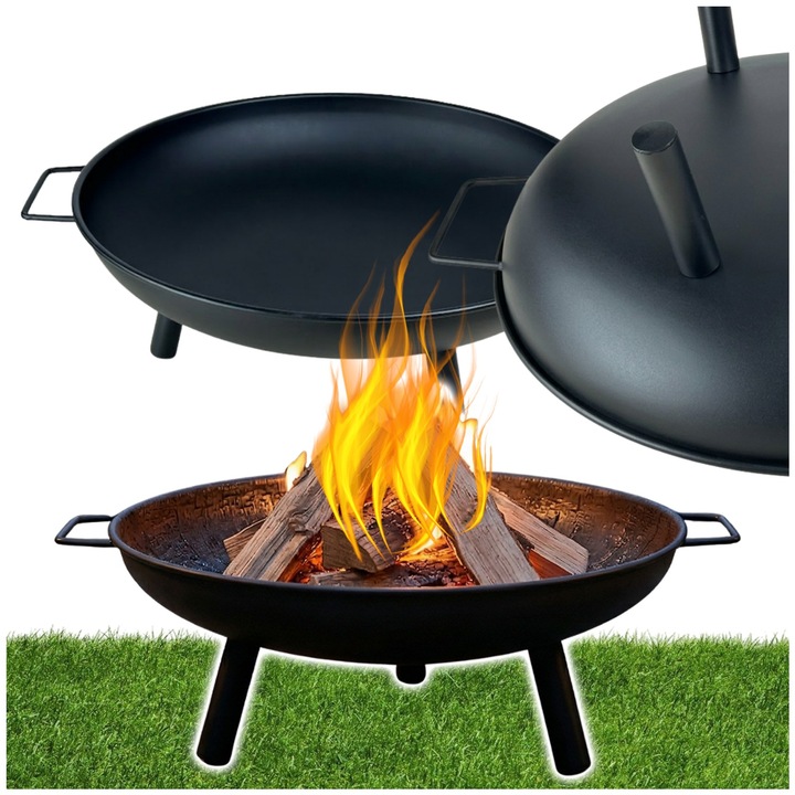 Vatra de foc pentru gradina rotunda, Ø 60 cm, semineu de exterior cu 3 picioare insurubabile, bol pentru foc camping si ceaun, otel vopsit in camp electrostatic, negru