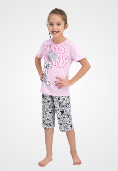 Pijama pentru fetite Disney, bluza cu maneca scurta si pantaloni 3/4, imprimeu Bugs Bunny, roz, Roz